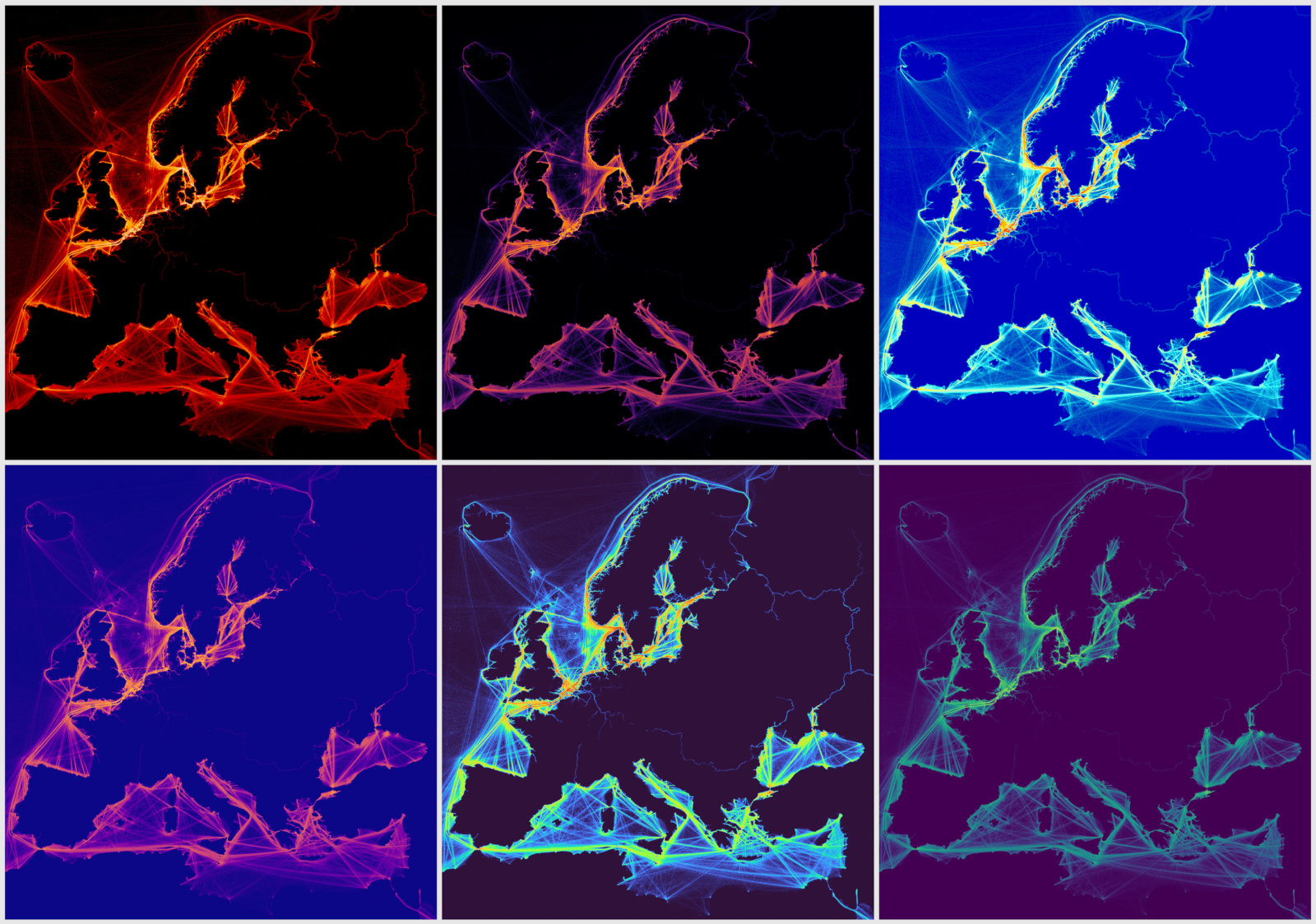 Collage of example shipping density map plot colour scenes